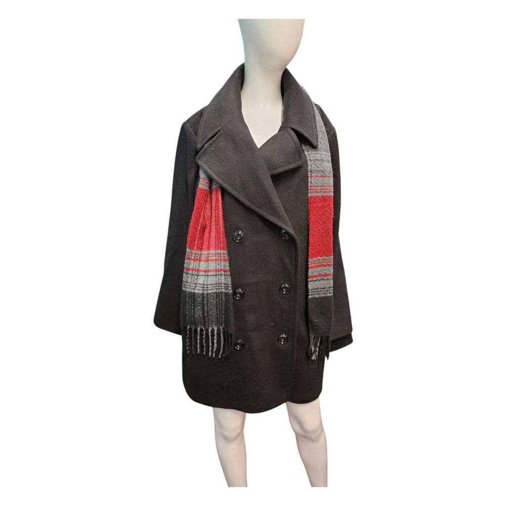 London Fog Charcoal Pea Coat with Vibrant Scarf